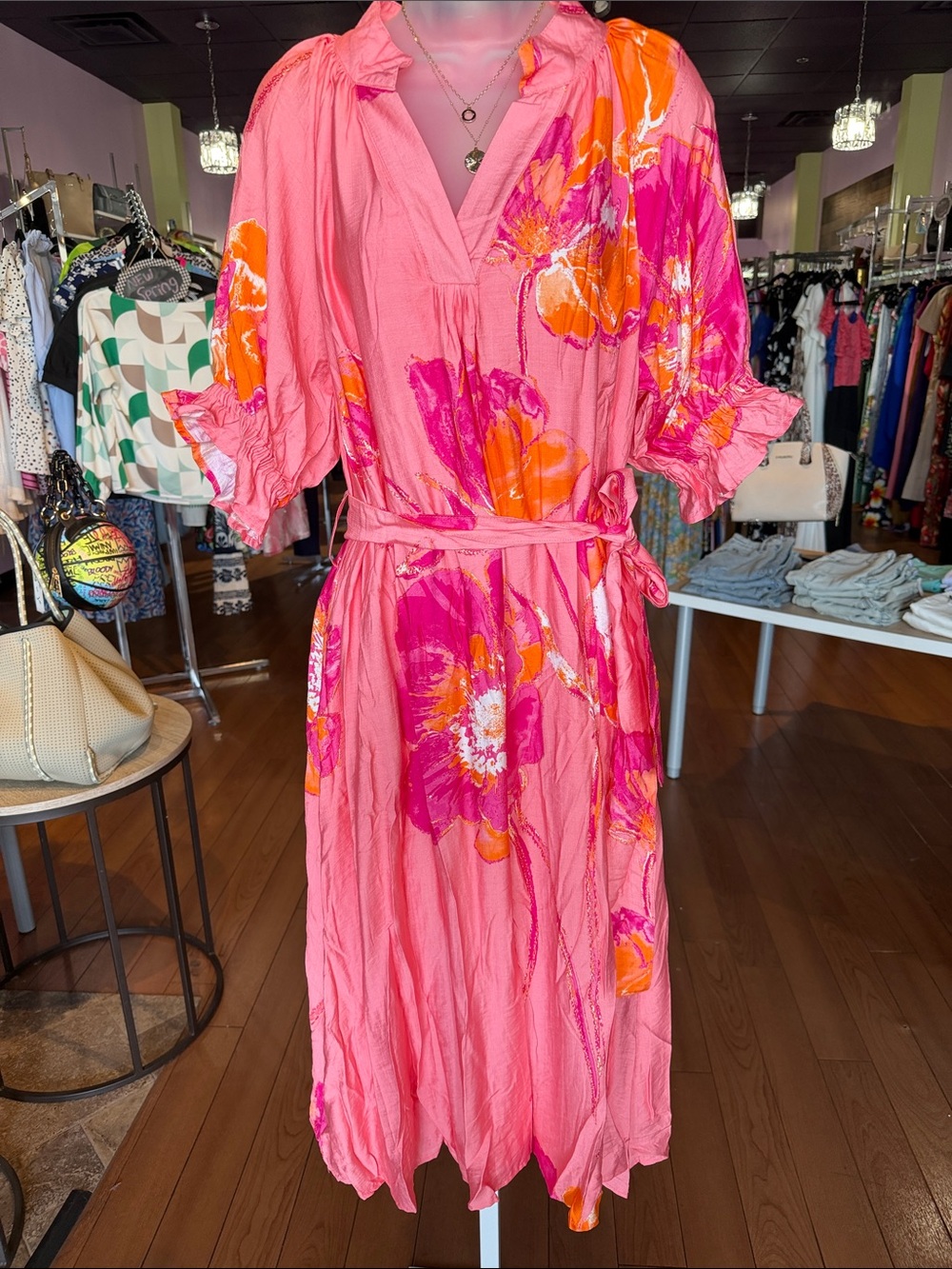 Pink Floral Tie-Waist Midi Dress